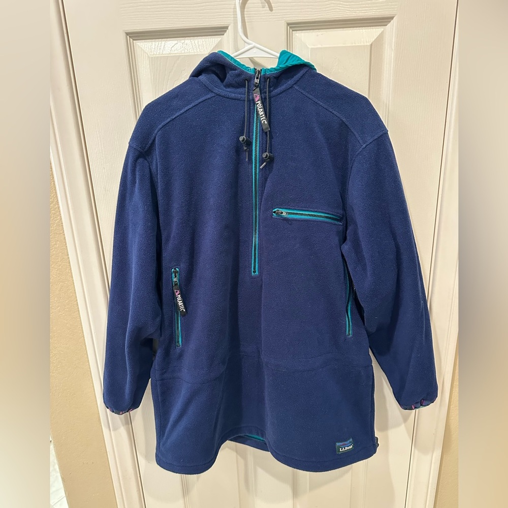 L.L. Bean Blue Polartec Vintage  90s Jacket with Teal Accents and Hood